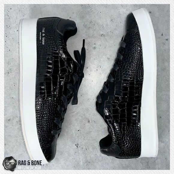 RAG AND BONE RB1 LOW PLATFORM SNEAKERS BLACK CROCODILE EMBOSSED LEATHER SIZE 7.5 - Picture 6 of 16